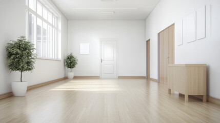Bright and spacious interior with wooden floors and plants in a modern setting