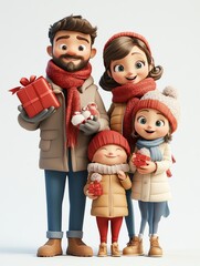 A joyful family of four in 3D cartoon style, wearing winter jackets and red scarves. High-resolution, transparent background, perfect for ads and designs.