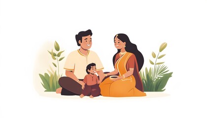Indian family of three sitting and smiling happily together