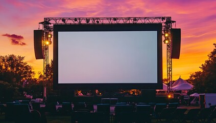 Outdoor movie screen at sunset, silhouettes of audience, festival background