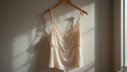 Silk and Lace Lingerie Hanging on Wooden Hanger – Elegant Satin Camisole, Soft Lighting, Feminine Minimalist Look
