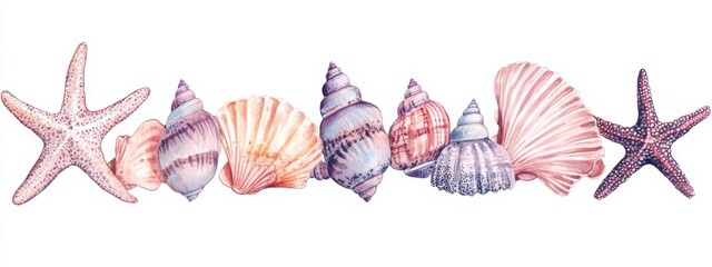 Obraz premium Nautical watercolor illustration featuring seashells and starfish in pastel colors. Generative AI