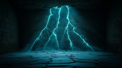 Dramatic blue lightning in cave, blue and black, power of nature