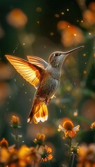 Fototapeta premium Hummingbird in flight, wings aglow in golden light, hovering near vibrant orange flowers.