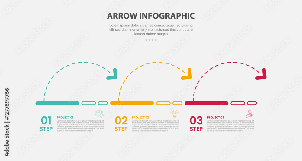Aufkleber arrow base infographic outline style with 3 point template with half circle arrow round on horizonta
