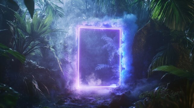 Luminous rectangle portal amidst lush and misty tropical jungle