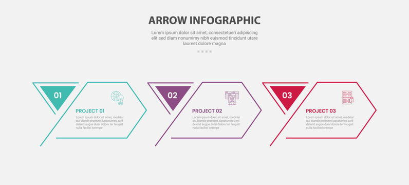 arrow base infographic outline style with 3 point template with creative arrow box and sharp badge for slide presentation