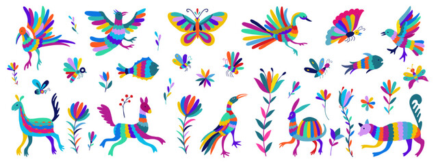 Mexican traditional otomi style embroidery elements. Big collection of traditional elements of Mexican pattern Otomi, flowers, leaves, birds, animal