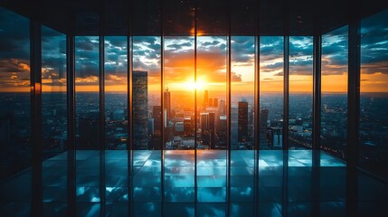City buildings reflect a blue sky sunset from a high office window