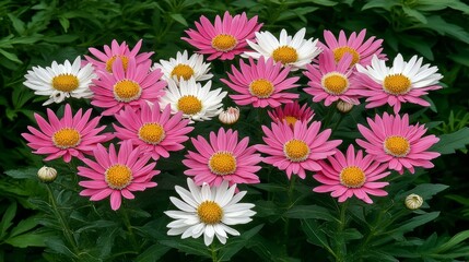 Fototapeta premium Vibrant pink and white daisies in lush garden setting