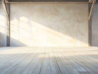 Bright and spacious empty room with wooden beams in natural light during daytime