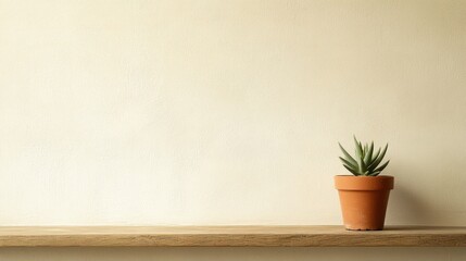 Small succulent in terracotta pot on wooden shelf against beige wall; home decor