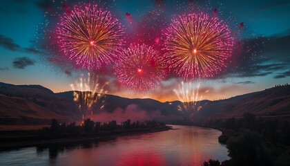 New Year Celebration vibrant colors of fireworks in the sky over a river during festivities