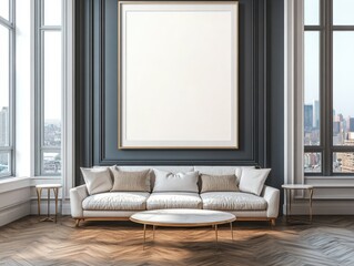 Fototapeta premium Empty Frame, Modern Living Room, City View, Daytime Interior