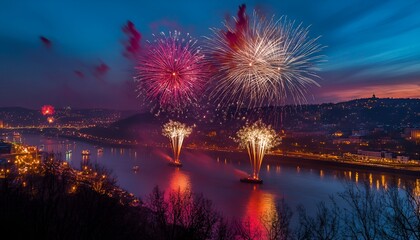 New Year Celebration vibrant colors of fireworks in the sky over a river during festivities