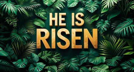 he is risen lettering on jungle leaves background