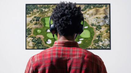 man seeing map of entire golf course ,players are on each hole on his screen.