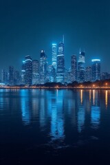 Fototapeta premium A futuristic AI-powered cityscape at night, illuminated with glowing digital connections and advanced clean energy sources.