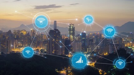 Fototapeta premium Cityscape is overlaid with a network of wireless connection icons