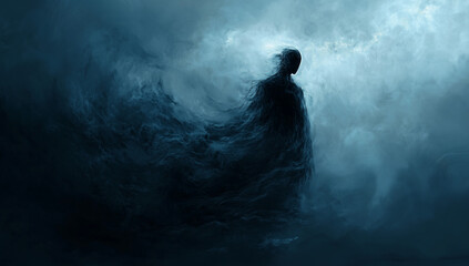 Obraz premium A dark, spectral figure emerges from swirling mist, with glowing eyes and menacing claws.