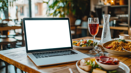 Fototapeta premium On the table is an open laptop with a white blank screen, a glass of wine and plates of Spanish food. Laptop mockup. The stage creates a relaxed atmosphere. Advertisement of the Spanish cafe website