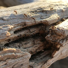 Ants exploring the crevices of a weathered piece of wood.
