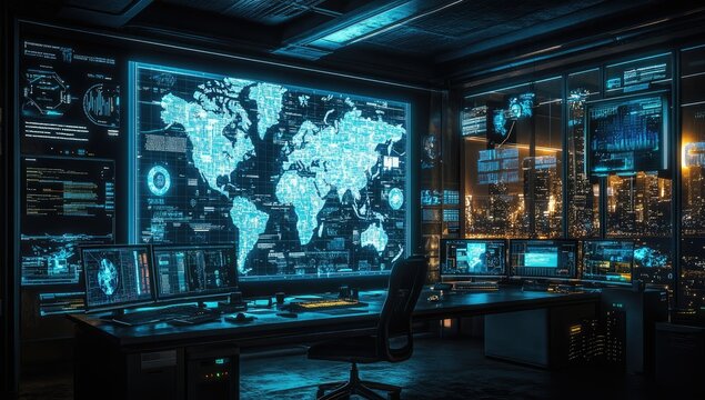 Futuristic global surveillance center at night