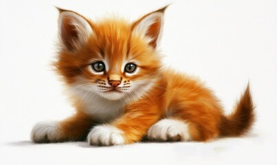 Obraz premium A playful orange kitten lying on a white surface, with soft fur and expressive eyes, evoking warmth