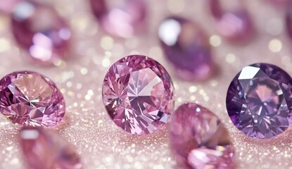 Pink gemstones sparkle on glitter; jewelry advertising