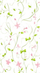 Delicate pink flowers and green vines create a charming floral pattern, perfect for backgrounds or textiles.