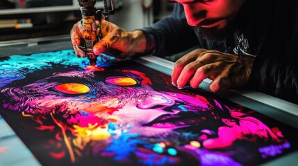 Man using advanced digital printing technology to enhance artwork