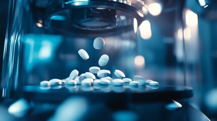 White pharmaceutical tablets falling into a production machine in a clean and modern facility