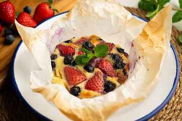 Delicious sweet clafoutis tart with blueberries and strawberries baked using a traditional French recipe.
