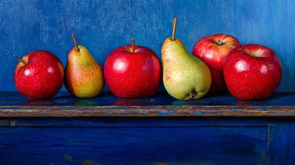 Glossy red apples and pears, resting on a navy blue wooden countertop, with highlights adding a fresh, crisp effect.
