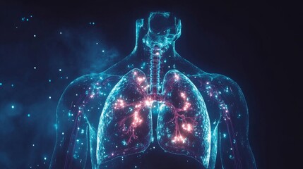 Human lungs highlighted in glowing blue, medical body scan concept on futuristic science background with digital data and molecular structures, 3d illustration for healthcare, pulmonology, and respira