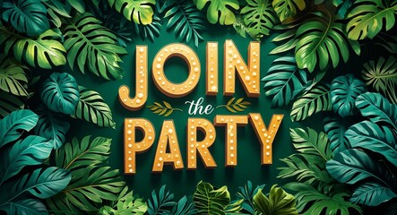join the party lettering on jungle leaves background