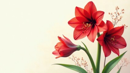 Obraz premium Vibrant Red Flowers with Delicate Stems and Buds Against a Soft Background