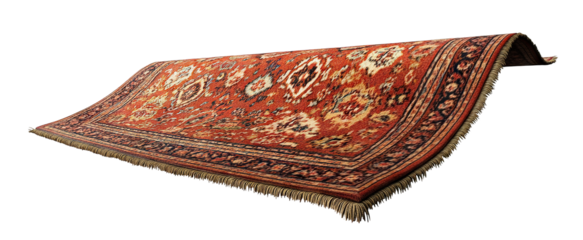 Flying magic carpet with oriental patterns, isolated on transparent cutout background