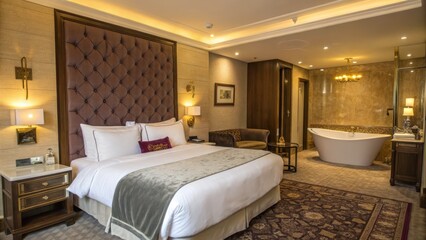 Luxurious hotel bedroom suite with ensuite bathroom
