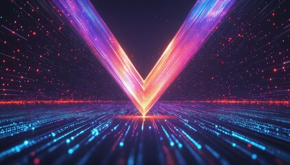 Futuristic V shape, glowing light beams, digital particles, technology background
