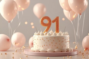 3D minimal birthday cake, 91 with light balloons, custom text space.