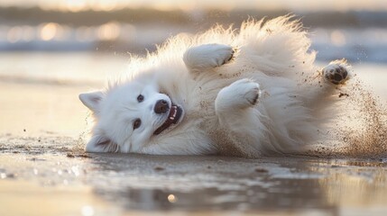 Fototapeta premium A fluffy Samoyed dog joyfully rolling in the wet sand after playing in the sea, its white fur covered in golden grains.