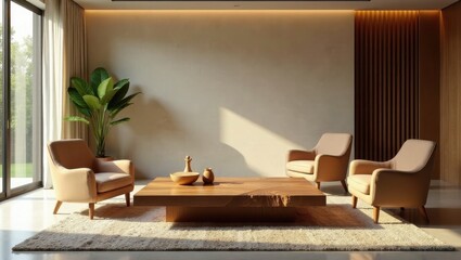 Serene Living Room with Natural Light and Minimalist Decor Featuring a Low Wooden Coffee Table and Comfortable Armchairs