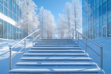 Snow-covered stairs leading to a modern building, surrounded by frosted trees under a clear blue sky