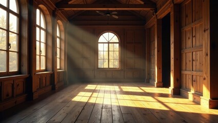 Fototapeta premium Sunlit Wooden Hallway with Arch Windows and Paneled Walls A Serene Interior Scene