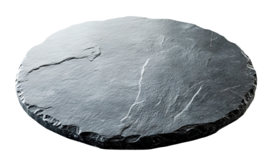 Round black slate serving board, isolated on transparent cutout background