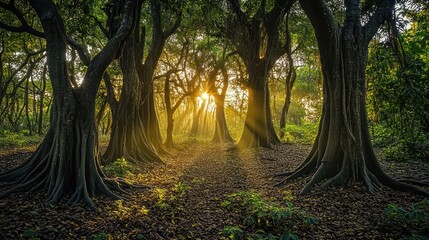 Sunlight streams through the forest illuminating the path forward