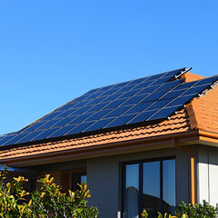 Fototapeta premium Solar Panels on House Roof Renewable Energy Sustainable Home