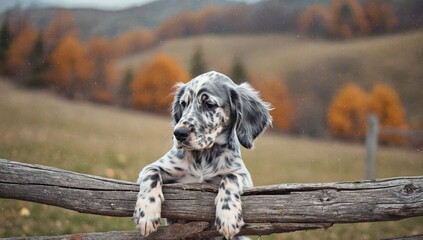 Sad gray dog with long ears looks into distance on autumn day. Spotted puppy leaned on wooden fence