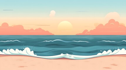 Naklejka premium Serene Sunset Ocean Waves Crashing Gently On Sandy Beach